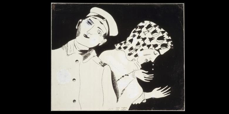 Marc Chagall, Couple de paysans ou Départ pour la guerre, 1914. Mine graphite, encre, gouache blanche sur papier collé sur carton, 18,5 x 22,8 cm. Paris, Centre Georges Pompidou, Musée national d’Art moderne / Centre de création industrielle, dation [AM 1988-177]. Photo : © Centre Pompidou, MNAM-CCI, Dist. GrandPalaisRmn / Philippe Migeat © Adagp, Paris, 2024